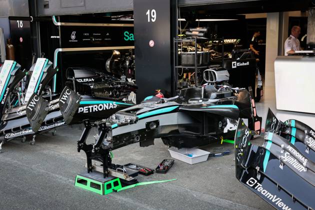 F1 - SAUDI ARABIAN GRAND PRIX 2025 Mercedes AMG F1 Team W16, mechanical detail, chassis, monocoque during the Formula 1 STC Saudi Arabian Grand Prix 2025, 5th round of the 2025 FIA Formula One World Championship, WM, Weltmeisterschaft from April 18 to 20, 2025 on the Jeddah Corniche Circuit, in Jeddah, Saudi Arabia - JeddahSaudi Arabia Copyright: xANTONINxVINCENTx