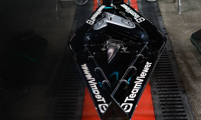 F1 - SAUDI ARABIAN GRAND PRIX 2025 Mercedes AMG F1 Team W16, mechanical detail front wing during the Formula 1 STC Saudi Arabian Grand Prix 2025, 5th round of the 2025 FIA Formula One World Championship, WM, Weltmeisterschaft from April 18 to 20, 2025 on the Jeddah Corniche Circuit, in Jeddah, Saudi Arabia - JeddahSaudi Arabia Copyright: xDPPIx