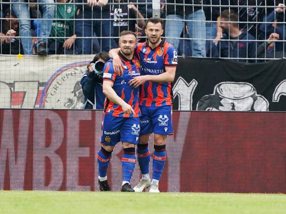 21.04.2025 St.Jakob-Park Basel. Fussball Herren Superleague Saison 2024 2025 FC Basel - Yverdon FC 5:0 . Bild :Torjubel (FC Basel) Xherdan Shaqiri, Albian Ajeti Aktion Jubel