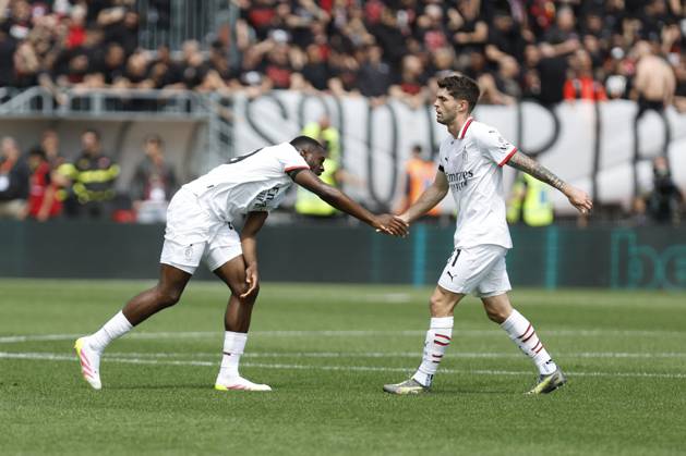 CALCIO - Serie A - Venezia FC vs AC Milan AC Milan s YOUSSOUF FOFANA and AC Milan s CHRISTIAN PULISIC during the Italian Serie A Enilive soccer championship football match between Venezia FC and AC Milan at Pierluigi Penzo Stadium on April 27th, 2025, Venezia, Italy during Venezia FC vs AC Milan, Italian soccer Serie A match in Venice, Italy, April 27 2025 Venice Italy Copyright: xIPAxSport ABACAx