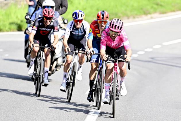 French Julian Alaphilippe of Tudor Pro Cycling Team, British Thomas Pidcock of Q36.5 Pro Cycling Team and Irish Ben Healy of EF Education-EasyPost pictured in action during the men elite race of the Liege-Bastogne-Liege one day cycling event, 252km from Liege, over Bastogne to Liege, Sunday 27 April 2025. MAARTENxSTRAETEMANS x121993559x