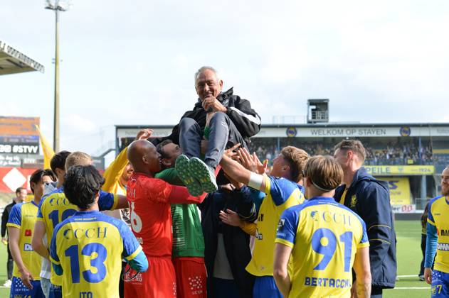 STVV s players celebrate after winning a soccer match between Sint-Truidense VV and K. Beerschot V.A., Sunday 04 May 2025 in Sint-Truiden, on day 5 (out of 6) of the Relegation Play-offs of the 2024-2025 Jupiler Pro League first division of the Belgian championship. JILLxDELSAUX x122660811x