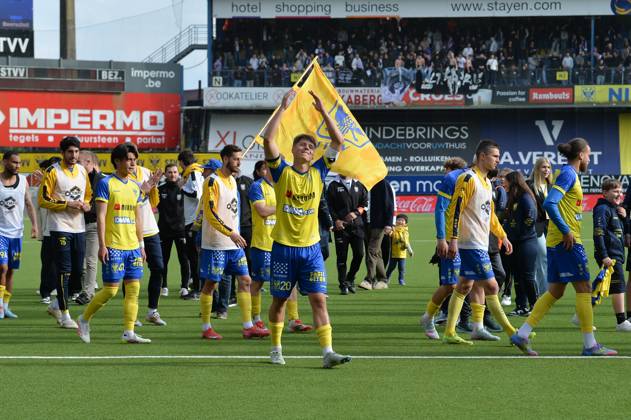 STVV s players celebrate after winning a soccer match between Sint-Truidense VV and K. Beerschot V.A., Sunday 04 May 2025 in Sint-Truiden, on day 5 (out of 6) of the Relegation Play-offs of the 2024-2025 Jupiler Pro League first division of the Belgian championship. JILLxDELSAUX x122660894x