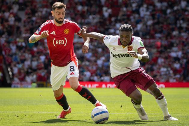 Manchester United, ManU FC v West Ham United FC Bruno Fernandes (8) of Manchester United challenges Mohammed Kudus (14) of West Ham United during the Manchester United FC v West Ham United FC English Premier League match at Old Trafford, Manchester, England, United Kingdom on 11 May 2025 Credit: Ian Stephen Every Second Media Editorial use only. All images are copyright Every Second Media Limited. No images may be reproduced without prior permission. All rights reserved. Premier League and Football League images are subject to licensing agreements with Football DataCo Limited. see https: www.football-dataco.com Copyright: xIMAGO EveryxSecondxMediax ESM-1478-0131 IanxStephenx xEveryxSecondxMediax