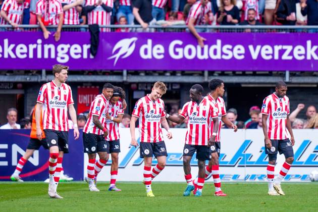 ROTTERDAM , 18-05-2025 , Stadium ˜Het Kasteel™ , Season 2024 2025 , Football , Eredivisie . Match between Sparta and PSV . Sparta players celebrates the 1-1 Sparta - PSV x29326746x Copyright: