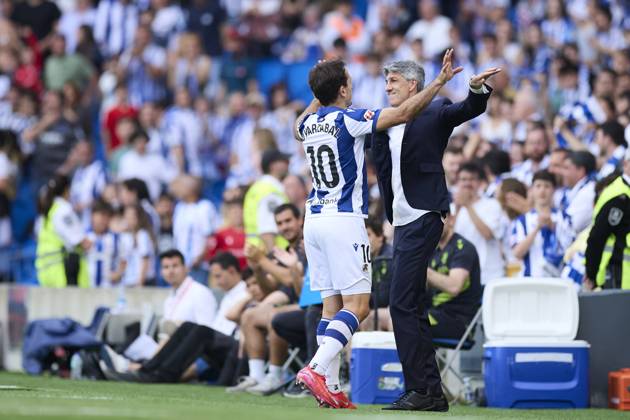 Real Sociead v Girona FC - LaLiga EA Sports Mikel Oyarzabal of Real Sociedad celebrates after scoring goal during the LaLiga EA Sports match between Real Sociedad and Girona FC at Reale Arena on May 18, 2025, in San Sebastian, Spain. San Sebastian Reale Arena Basque Country Spain RL_RSOvGFC_000025 Copyright: xRicardoxLarreinax