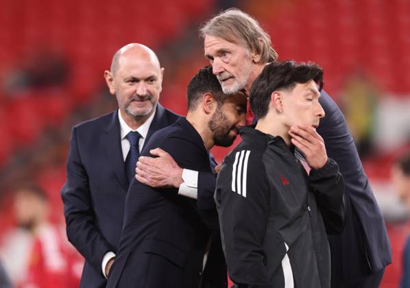 Bilbao, Spain, 21st May 2025. Ruben Amorim manager of Manchester United, ManU shakes hands with Jim Ratcliffe after the Tottenham Hotspur vs Manchester United UEFA Europa League Final match at San Mames, Bilbao. Picture credit should read: David Klein Sportimage EDITORIAL USE ONLY. No use with unauthorised audio, video, data, fixture lists, club league logos or live services. Online in-match use limited to 120 images, no video emulation. No use in betting, games or single club league player publications. SPI_213_DK_Tottenham_Man_Utd SPI-3943-0216