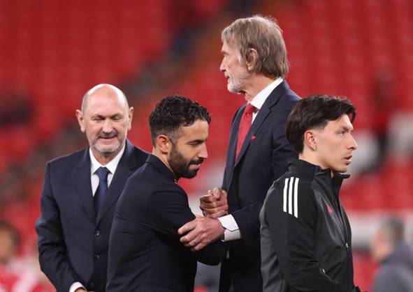 Bilbao, Spain, 21st May 2025. Ruben Amorim manager of Manchester United, ManU shakes hands with Jim Ratcliffe after the Tottenham Hotspur vs Manchester United UEFA Europa League Final match at San Mames, Bilbao. Picture credit should read: David Klein Sportimage EDITORIAL USE ONLY. No use with unauthorised audio, video, data, fixture lists, club league logos or live services. Online in-match use limited to 120 images, no video emulation. No use in betting, games or single club league player publications. SPI_214_DK_Tottenham_Man_Utd SPI-3943-0217