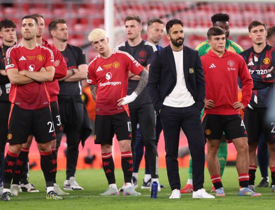 Bilbao, Spain, 21st May 2025. Ruben Amorim manager of Manchester United, ManU looks dejected after the Tottenham Hotspur vs Manchester United UEFA Europa League Final match at San Mames, Bilbao. Picture credit should read: David Klein Sportimage EDITORIAL USE ONLY. No use with unauthorised audio, video, data, fixture lists, club league logos or live services. Online in-match use limited to 120 images, no video emulation. No use in betting, games or single club league player publications. SPI_250_DK_Tottenham_Man_Utd SPI-3943-0253