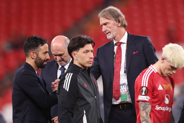 Bilbao, Spain, 21st May 2025. Ruben Amorim manager of Manchester United, ManU shakes hands with Jim Ratcliffe, CEO of INEOS during the Tottenham Hotspur vs Manchester United UEFA Europa League Final match at San Mames, Bilbao. Picture credit should read: David Klein Sportimage EDITORIAL USE ONLY. No use with unauthorised audio, video, data, fixture lists, club league logos or live services. Online in-match use limited to 120 images, no video emulation. No use in betting, games or single club league player publications. SPI_328_DK_Tottenham_Man_Utd SPI-3943-0355