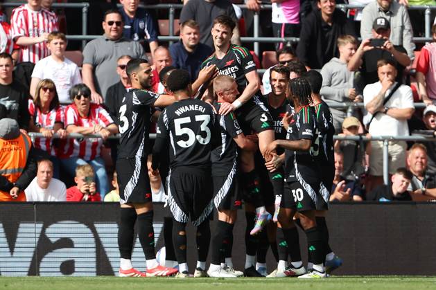 Football - 2024 2025 Premier League - Southampton vs Arsenal - St Mary™s Stadium - Sunday 25th May 2025 Kieran Tierney of Arsenal celebrates his goal during the Premier League match at St Mary™s Stadium COLORSPORT Shaun Boggust