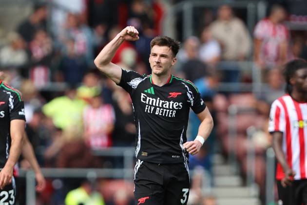 Football - 2024 2025 Premier League - Southampton vs Arsenal - St Mary™s Stadium - Sunday 25th May 2025 Kieran Tierney of Arsenal celebrates his goal during the Premier League match at St Mary™s Stadium COLORSPORT Shaun Boggust