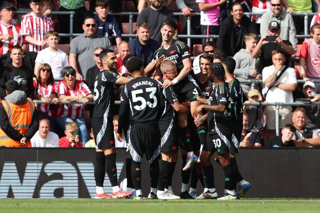 Football - 2024 2025 Premier League - Southampton vs Arsenal - St Mary™s Stadium - Sunday 25th May 2025 Kieran Tierney of Arsenal celebrates his goal during the Premier League match at St Mary™s Stadium COLORSPORT Shaun Boggust
