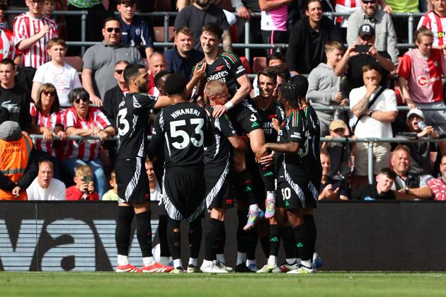 Football - 2024 2025 Premier League - Southampton vs Arsenal - St Mary™s Stadium - Sunday 25th May 2025 Kieran Tierney of Arsenal celebrates his goal during the Premier League match at St Mary™s Stadium COLORSPORT Shaun Boggust