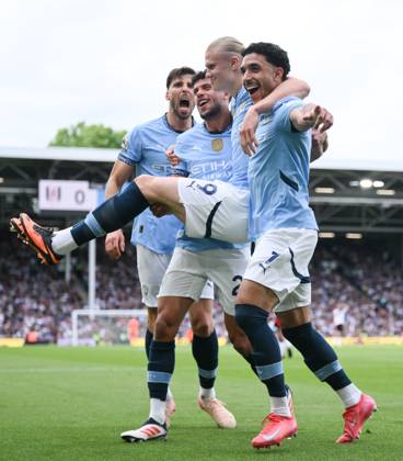 Football - 2024 2025 Premier League - Fulham vs Manchester City - Craven Cottage - Sunday 25th May 2025. Manchester City s Erling Haaland celebrates scoring his side s second goal. COLORSPORT Ashley Western