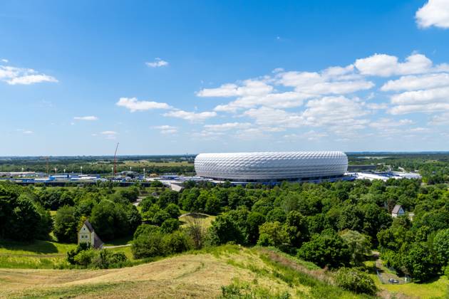 Munich, Bavaria, Germany - May 30, 2025: Exterior shot of the temporarily renamed Allianz Arena (Munich Football Arena) without lettering. Impressions of the Munich Football Arena one day before the UEFA Champions League final between Inter Milan and Paris Saint-Germain PSG
