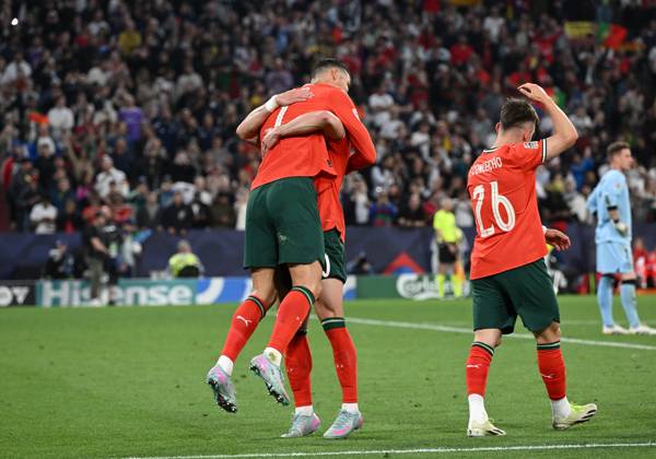 04.06.2025, xjrdrx, Fussball UEFA Nations League 1 2 Finale, Deutschland - Portugal v.l. Cristiano Ronaldo (Portugal) celebrate the goal, Der Torjubel zum 1:2 (DFL DFB REGULATIONS PROHIBIT ANY USE OF PHOTOGRAPHS as IMAGE SEQUENCES and or QUASI-VIDEO) Muenchen