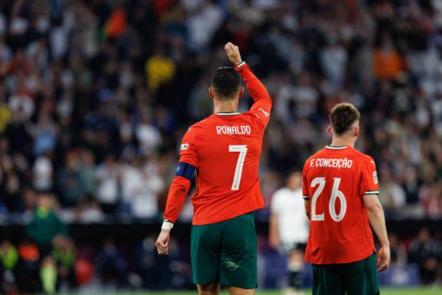 Cristiano Ronaldo seen celebrating after scoring goal during official training before UEFA Nations League 2025 semifinal game between national teams of Germany and Portugal (Maciej Rogowski) Munich Allianz Arena Germany Copyright: xMaciejxRogowskix germanyportugal2425-61