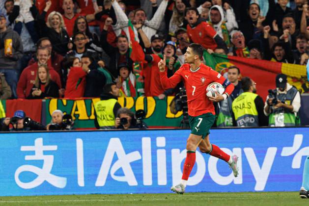 Cristiano Ronaldo seen celebrating after scoring goal during UEFA Nations League 2025 final game between national teams of Portugal and Spain (Maciej Rogowski) Munich Allianz Arena Germany Copyright: xMaciejxRogowskix portugalspain2425-56