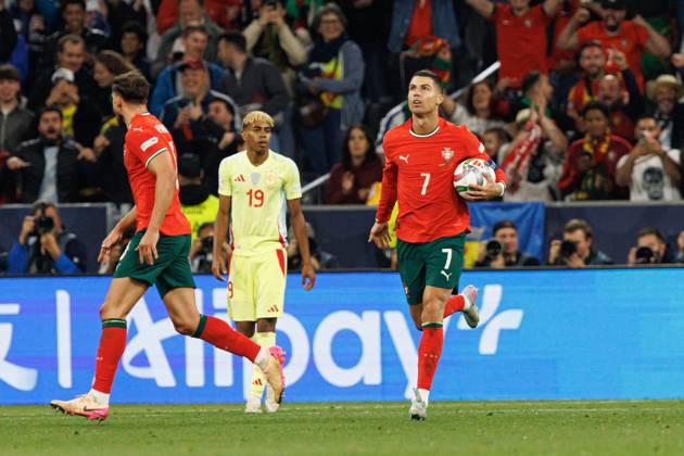 Cristiano Ronaldo seen celebrating after scoring goal during UEFA Nations League 2025 final game between national teams of Portugal and Spain (Maciej Rogowski) Munich Allianz Arena Germany Copyright: xMaciejxRogowskix portugalspain2425-57