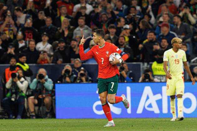 Cristiano Ronaldo seen celebrating after scoring goal during UEFA Nations League 2025 final game between national teams of Portugal and Spain (Maciej Rogowski) Munich Allianz Arena Germany Copyright: xMaciejxRogowskix portugalspain2425-58