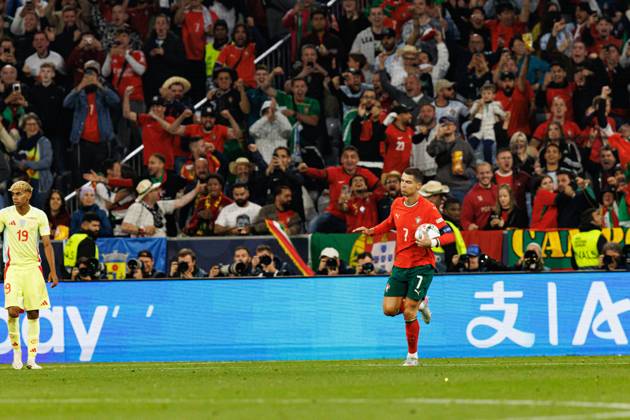Cristiano Ronaldo seen celebrating after scoring goal during UEFA Nations League 2025 final game between national teams of Portugal and Spain (Maciej Rogowski) Munich Allianz Arena Germany Copyright: xMaciejxRogowskix portugalspain2425-398