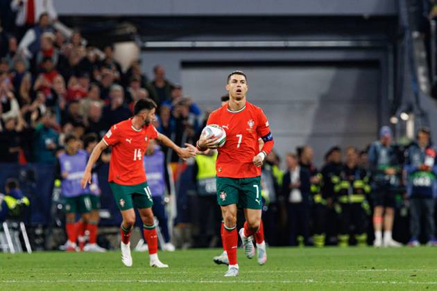 Cristiano Ronaldo seen celebrating after scoring goal during UEFA Nations League 2025 final game between national teams of Portugal and Spain (Maciej Rogowski) Munich Allianz Arena Germany Copyright: xMaciejxRogowskix portugalspain2425-407