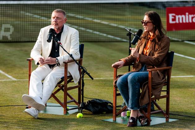 Bilder des Jahres 2025, Sport 06 Juni Sport Themen der Woche KW24 Sport Bilder des Tages BOSS OPEN ATP250; 10.06.2025 Boris Becker und Andrea Petrovic während der Live-Aufnahme des Boris Becker & Andrea Petrovic Podcasts BOSS OPEN ATP250; Stuttgart, Tennisclub Weissenhof am 10.06.2025 Copyright: xBEAUTIFULxSPORTS Wunderlx