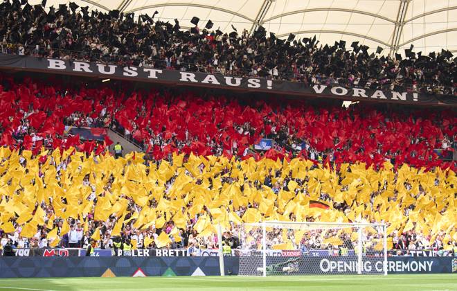 DFB fans with Kopf Hoch, Brust Raus in the UEFA Nations League 2025 Third Place match GERMANY - FRANCE 0-2 in Season 2024 2025 at June 8, 2025 in Stuttgart, Germany.