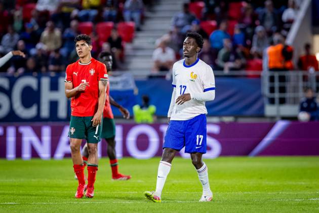 PORTUGAL U21, U 21 - FRANCE U21 Mateus Fernandes of Portugal and Soungoutou Magassa of France during the UEFA European Under-21 Championship 2025 football match between Portugal U21 and France U21. Stadium Na Sihoti, Trencin, Slovakia, June 11, 2025. Photo by Branislav Racko Copyright: xx 080A5367