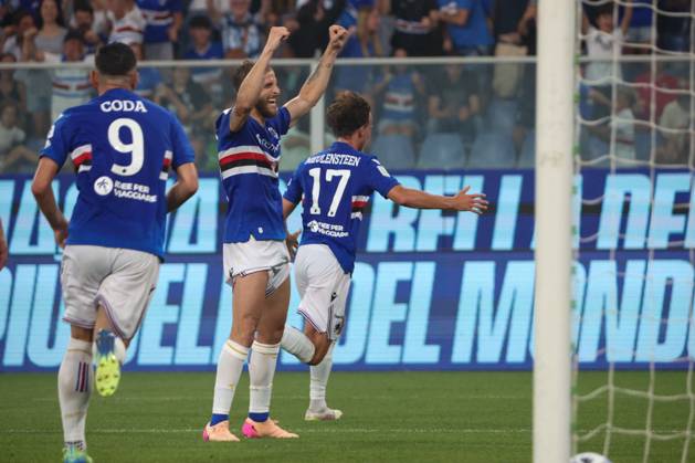 CALCIO - Serie B - PlayOut - UC Sampdoria vs US Salernitana Serie B, Playout, Genova, Stadio Ferraris, Sampdoria - Salernitana, in the photo: exultation Sibilli and Meulensteen during PlayOut - UC Sampdoria vs US Salernitana, Italian soccer Serie B match in Genova, Italy, June 15 2025 Genova Italy Copyright: xIPAxSport ABACAx