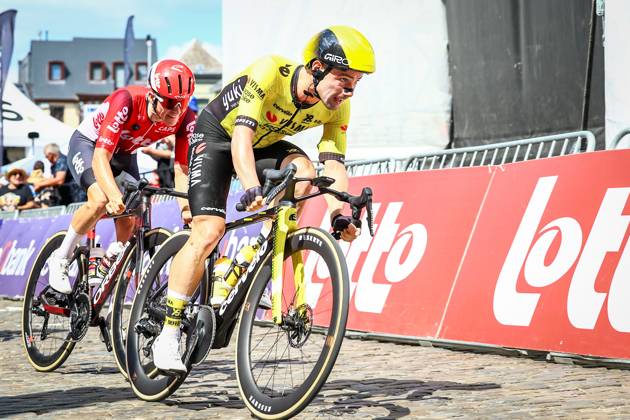 Belgian Victor Campenaerts of Team Visma-Lease a Bike pictured in action during the men s elite road race of the Belgian Cycling Championships, 230km from and to the Grand Place square in Binche on Sunday 29 June 2025. DAVIDxPINTENS x128059382x