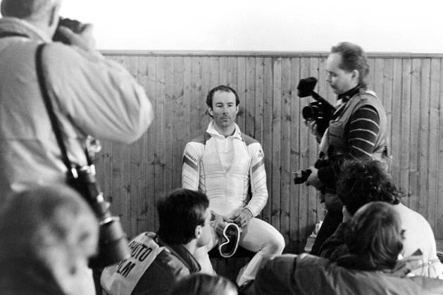 850210 Alpint, VM: Ingemar Stenmark, Sverige deppar efter att ha brutit i storslalom. Copyright: BILDBYRAN BB850210BB024