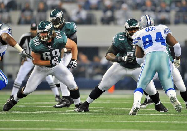 Dec 24th, 2011 .Philadelphia Eagles tackle Jason Peters (71) and Philadelphia Eagles guard Evan Mathis (69) battles against Dallas Cowboys outside linebacker DeMarcus Ware (94) during the game between the Philadelphia Eagles and the Dallas Cowboys at Cowboy Stadium in Arlington, TX.. .Manny Flores CSM Copyright: xMannyxFloresx