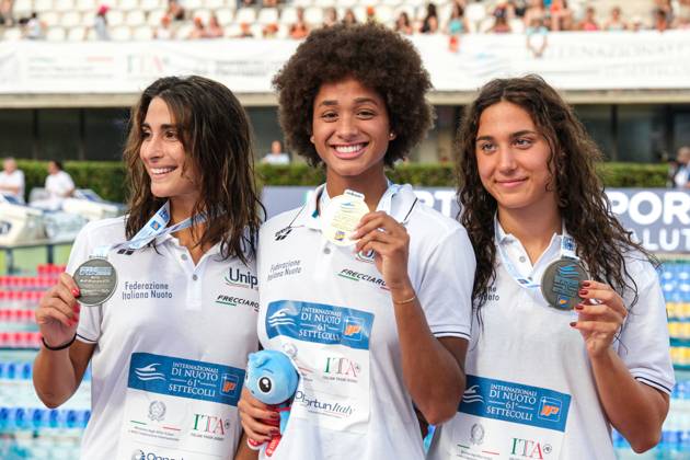 Podium of the day 2 at the Swimming Internationals of the 61th Settecolli in Roma, Italy - 27 Jun 2025 Emma Virginia Menicucci of Italy (L), Sara Curtis of Italy (C) and Sofia Morini of Italy (R) seen during Podium of Women s 100m Freestyle Final during the second day at the swimming internationals of the 61th Settecolli Trophy. Rome Italy Copyright: xElenaxVizzocax xSOPAxImagesx 0823971461st