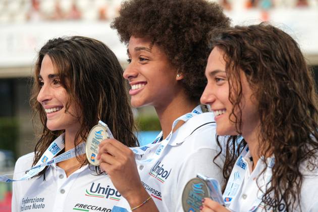 Podium of the day 2 at the Swimming Internationals of the 61th Settecolli in Roma, Italy - 27 Jun 2025 Emma Virginia Menicucci of Italy (L), Sara Curtis of Italy (C) and Sofia Morini of Italy (R) seen during Podium of Women s 100m Freestyle Final during the second day at the swimming internationals of the 61th Settecolli Trophy. Rome Italy Copyright: xElenaxVizzocax xSOPAxImagesx 0823971462st