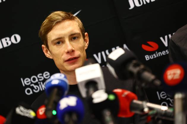 Danish Jonas Vingegaard Hansen of Team Visma-Lease a Bike pictured during a press conference, PK, Pressekonferenz of team Visma - Lease a Bike ahead of the 2025 Tour de France cycling race, in Lille, France, on Friday 04 July 2025. The 112th edition of the Tour de France starts on Saturday 5 July in Lille, France, and will finish in Paris, France on the 27th of July. DAVIDxPINTENS x128393422x