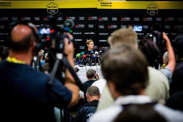 Danish Jonas Vingegaard Hansen of Team Visma-Lease a Bike talks to the press during a press conference, PK, Pressekonferenz of team Visma - Lease a Bike ahead of the 2025 Tour de France cycling race, in Lille, France, on Friday 04 July 2025. The 112th edition of the Tour de France starts on Saturday 5 July in Lille, France, and will finish in Paris, France on the 27th of July. JASPERxJACOBS x128394407x