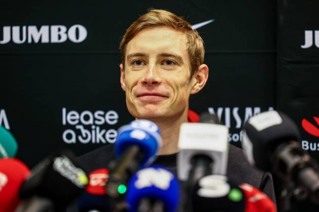 Danish Jonas Vingegaard Hansen of Team Visma-Lease a Bike pictured during a press conference, PK, Pressekonferenz of team Visma - Lease a Bike ahead of the 2025 Tour de France cycling race, in Lille, France, on Friday 04 July 2025. The 112th edition of the Tour de France starts on Saturday 5 July in Lille, France, and will finish in Paris, France on the 27th of July. DAVIDxPINTENS x128394686x