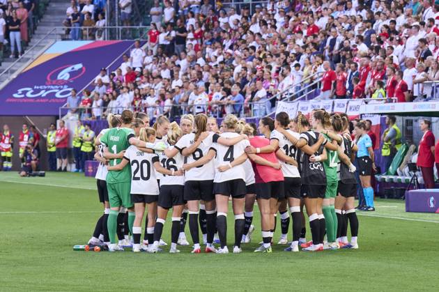 DFB teamphoto: Lea Schüller 11 of Team Germany Rebecca Knaak 4 of Team Germany Sjoeke Nüsken 9 of Team Germany Klara Bühl 19 of Team Germany Ann-Katrin Berger 7 goalkeeper of Team Germany Giulia Gwinn 7 of Team Germany in the football UEFA Women EURO 2025 match GERMANY - POLAND 2-0 in Season 2025 2026 at July 4, 2025 in St.Gallen, Switzerland.