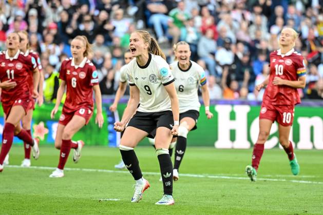 Sjoeke Nuesken (Germany) celebrates after scoring her team s first goal during the UEFA Women s EURO 2025 Group C match between Germany and Denmark at St. Jakob‘Park on July 8, 2025 in Basel, Switzerland. (Photo by Harry Langer DeFodi Images)