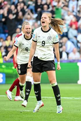 Sjoeke Nuesken (Germany) celebrates after scoring her team s first goal during the UEFA Women s EURO 2025 Group C match between Germany and Denmark at St. Jakob‘Park on July 8, 2025 in Basel, Switzerland. (Photo by Harry Langer DeFodi Images)