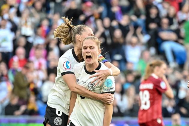 Sjoeke Nuesken (Germany) celebrates after scoring her team s first goal during the UEFA Women s EURO 2025 Group C match between Germany and Denmark at St. Jakob‘Park on July 8, 2025 in Basel, Switzerland. (Photo by Harry Langer DeFodi Images)
