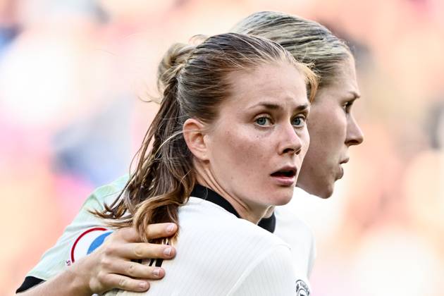 Sjoeke Nuesken (Germany) celebrates after scoring her team s first goal with teammates during the UEFA Women s EURO 2025 Group C match between Germany and Denmark at St. Jakob‘Park on July 8, 2025 in Basel, Switzerland. (Photo by Harry Langer DeFodi Images)