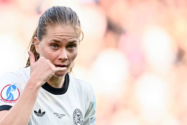 Sjoeke Nuesken (Germany) celebrates after scoring her team s first goal during the UEFA Women s EURO 2025 Group C match between Germany and Denmark at St. Jakob‘Park on July 8, 2025 in Basel, Switzerland. (Photo by Harry Langer DeFodi Images)
