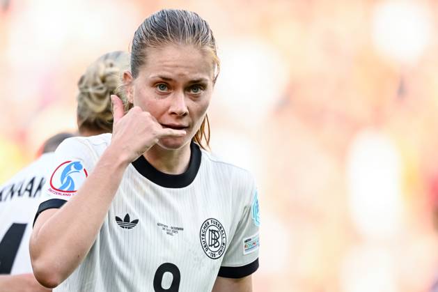 Sjoeke Nuesken (Germany) celebrates after scoring her team s first goal during the UEFA Women s EURO 2025 Group C match between Germany and Denmark at St. Jakob‘Park on July 8, 2025 in Basel, Switzerland. (Photo by Harry Langer DeFodi Images)