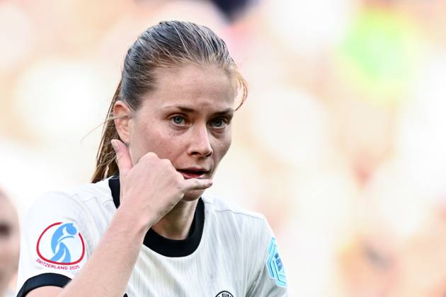 Sjoeke Nuesken (Germany) celebrates after scoring her team s first goal during the UEFA Women s EURO 2025 Group C match between Germany and Denmark at St. Jakob‘Park on July 8, 2025 in Basel, Switzerland. (Photo by Harry Langer DeFodi Images)