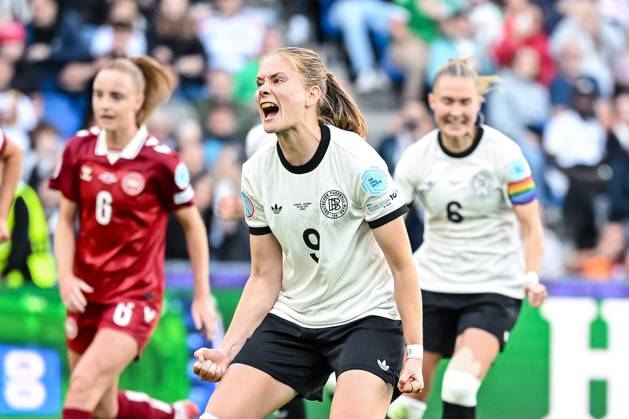 Sjoeke Nuesken (Germany) celebrates after scoring her team s first goal during the UEFA Women s EURO 2025 Group C match between Germany and Denmark at St. Jakob‘Park on July 8, 2025 in Basel, Switzerland. (Photo by Harry Langer DeFodi Images)