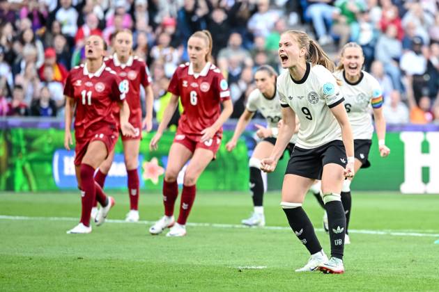 Sjoeke Nuesken (Germany) celebrates after scoring her team s first goal during the UEFA Women s EURO 2025 Group C match between Germany and Denmark at St. Jakob‘Park on July 8, 2025 in Basel, Switzerland. (Photo by Harry Langer DeFodi Images)