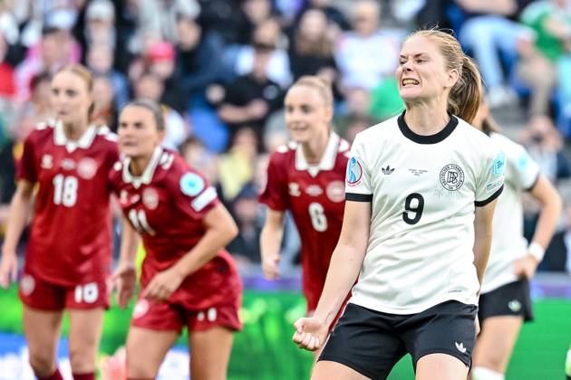 Sjoeke Nuesken (Germany) celebrates after scoring her team s first goal during the UEFA Women s EURO 2025 Group C match between Germany and Denmark at St. Jakob‘Park on July 8, 2025 in Basel, Switzerland. (Photo by Harry Langer DeFodi Images)